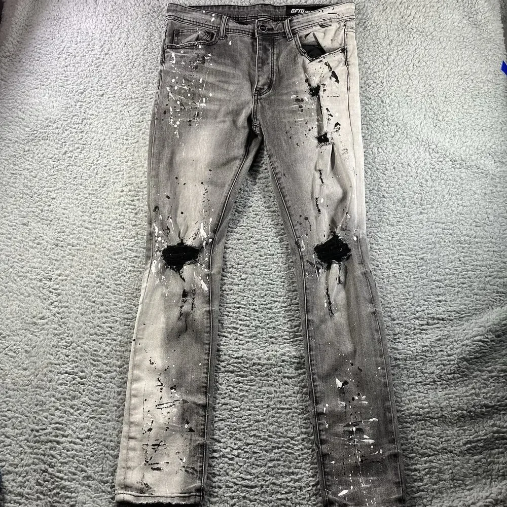 GFTD Los Angeles Mens Skinny Jeans 34x32 Gray Paint Splatter Distressed Ripped